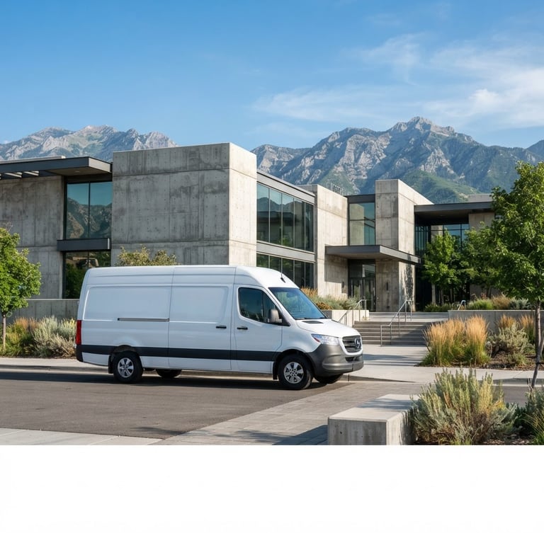 Wide environmental shot of a clean modern white transit van parked in front of a clean architectural concrete backdrop in Cottonwood Heights, bright morning daylight, sharp focus, 35mm