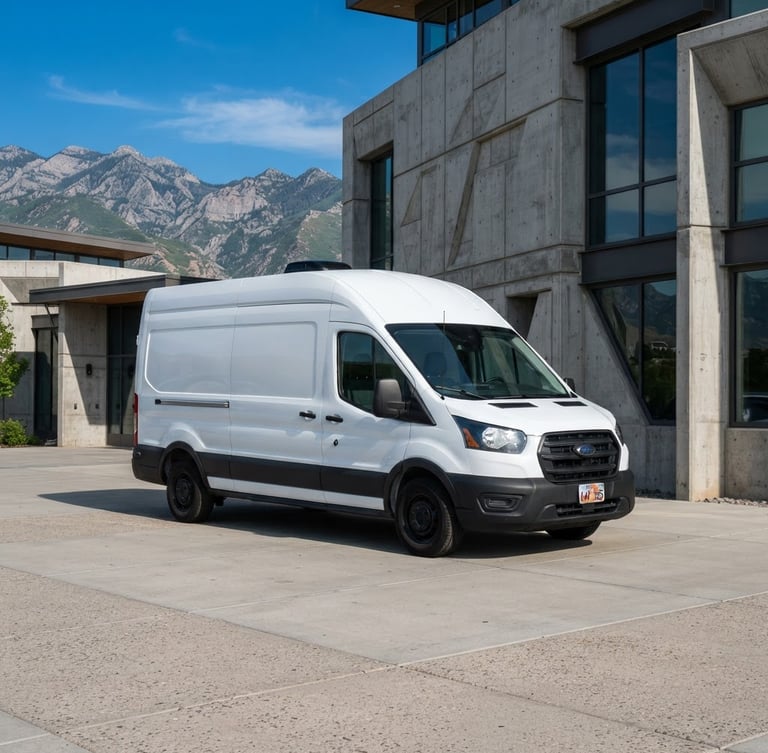 A clean white modern transit van parked against a crisp architectural concrete backdrop in Cottonwood Heights, Utah, bright morning daylight, sharp focus, 35mm.