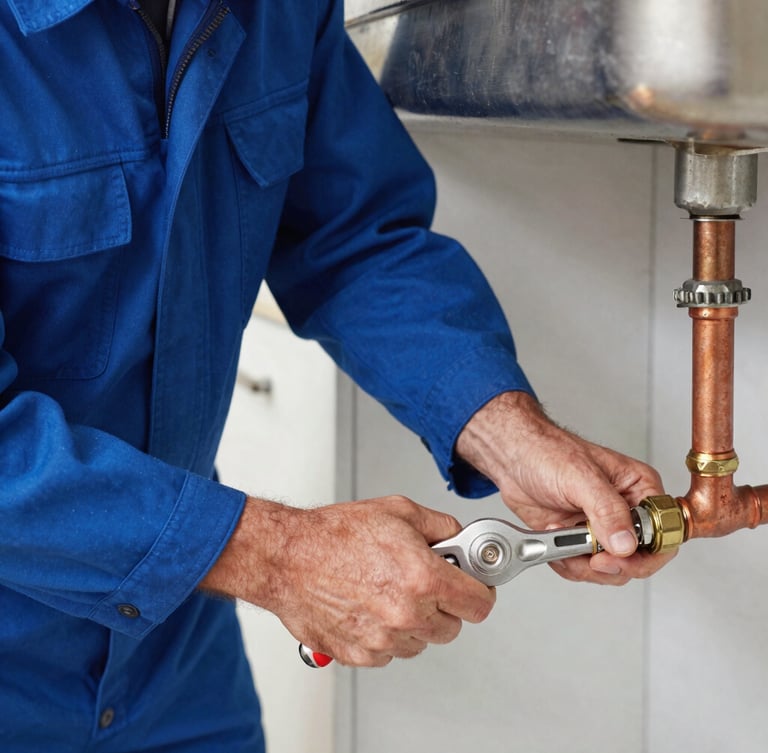 Portrait shot of a professional plumber in a clean blue uniform tightening a copper pipe joint under a kitchen sink, bright natural light, sharp focus on hands and tool.