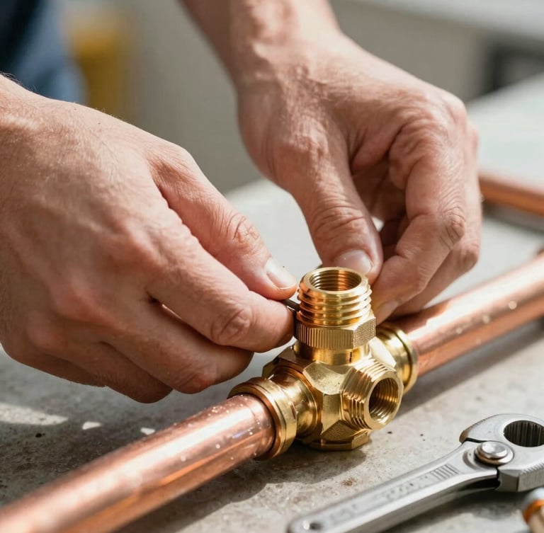 Close-up of hands tightening a brass fitting on copper pipes under bright natural light, professional plumbing tools nearby.