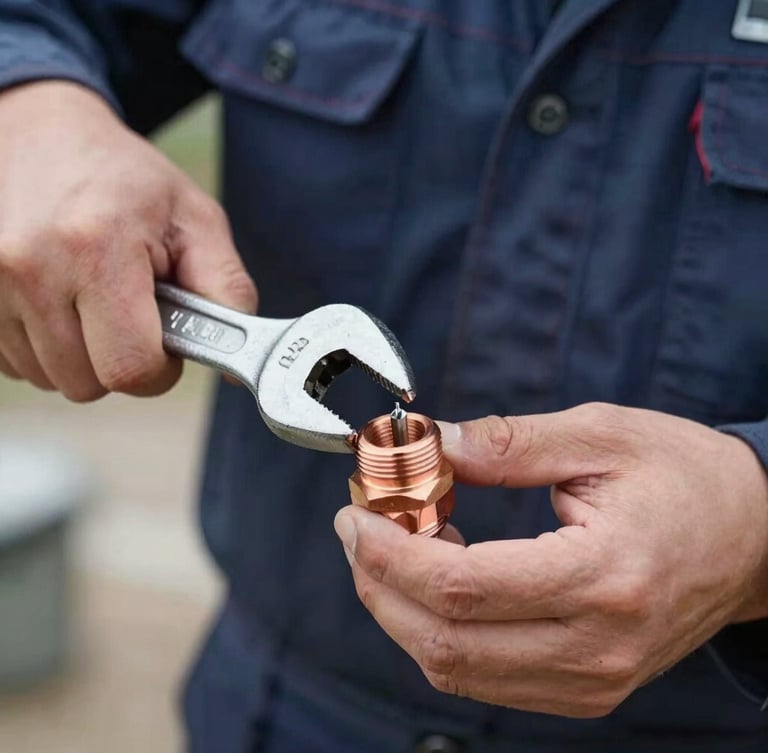 Close-up of professional copper pipe fittings being tightened with a heavy-duty wrench, bright natural daylight, hands of a clean-cut technician in a dark blue uniform, sharp focus on the metallic joint.
