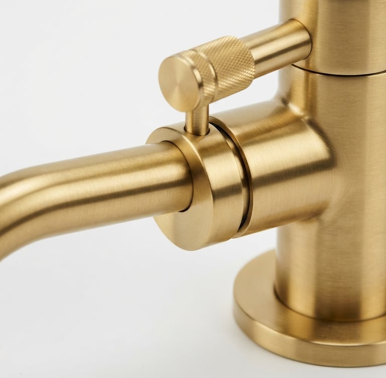 Extreme close-up of a brushed gold faucet, crisp metallic reflections, studio lighting on a clean white background, architectural detail, 50mm lens