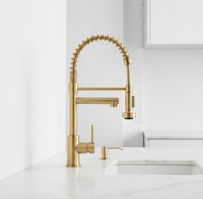 Side view of a high-arc professional kitchen faucet with brushed gold finish, captured in a clean minimalist architectural kitchen, sharp studio lighting, crisp metallic reflections