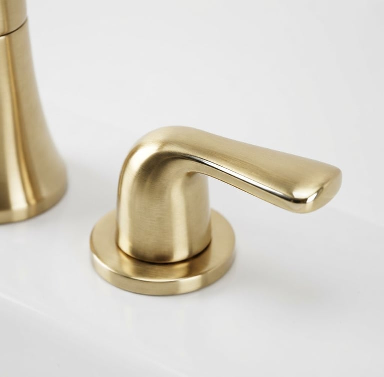 Extreme close-up of a brushed gold faucet handle, sharp metallic reflections, high-key studio lighting, minimalist white background, 50mm lens
