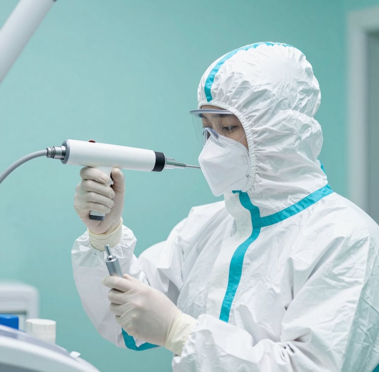 Bright clinical photography of a professional technician in a clean white protective suit holding a precise thermal treatment nozzle, soft daylight, teal accents.