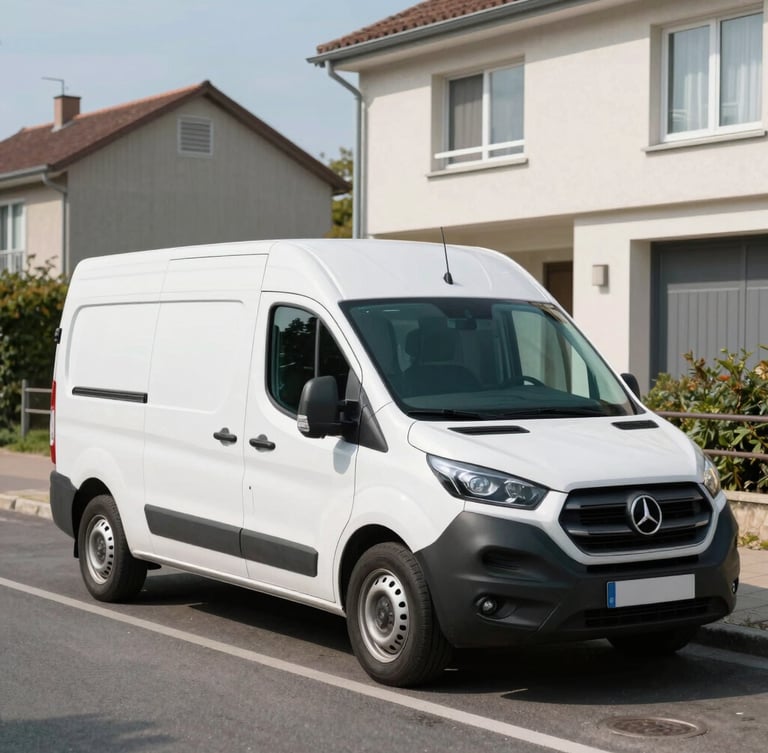 An unmarked clean white service van parked quietly on a clean residential street in Courbevoie, bright natural daylight, clinical and professional atmosphere.