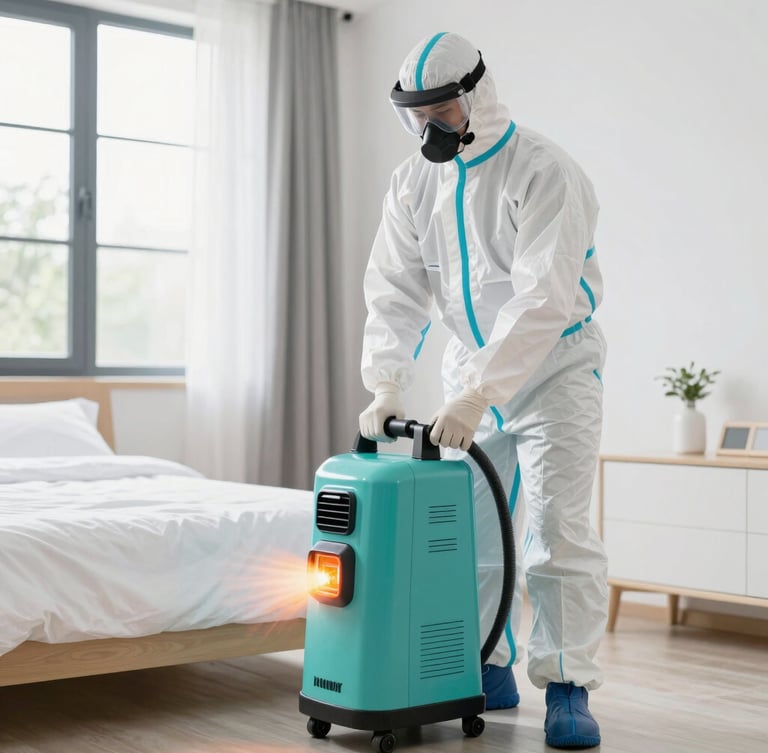 Professional pest control technician in clean white protective gear using advanced thermal heat treatment equipment in a modern bedroom, bright clinical lighting