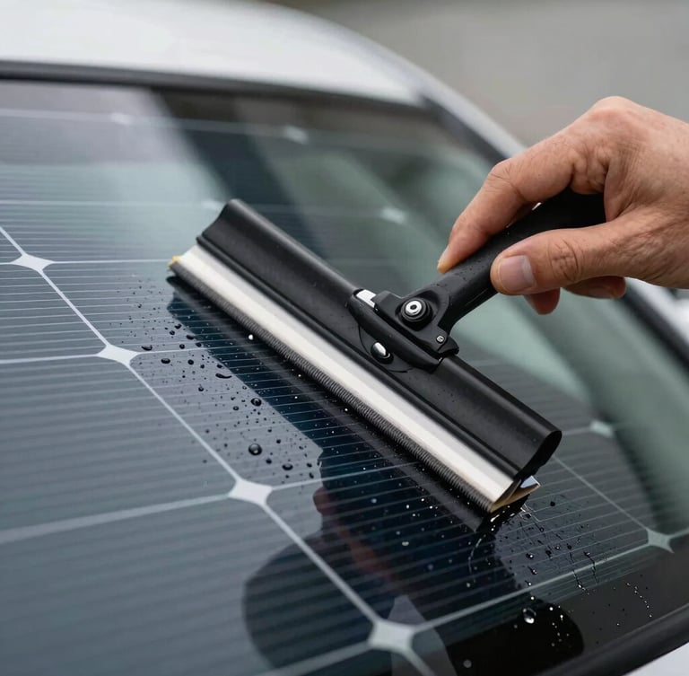 Close-up macro shot of a technician using a squeegee to smooth dark solar film onto a curved car window, water droplets, precise hand movement