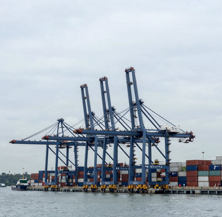 Wide-angle architectural perspective of a modern deep-water container terminal in Singapore, towering gantry cranes, cool overcast daylight, maritime silver and navy tones.
