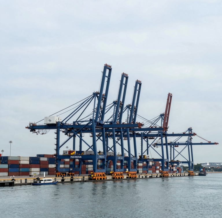 Wide-angle architectural perspective of a modern deep-water port terminal in Singapore, towering gantry cranes framing container stacks under overcast maritime daylight.