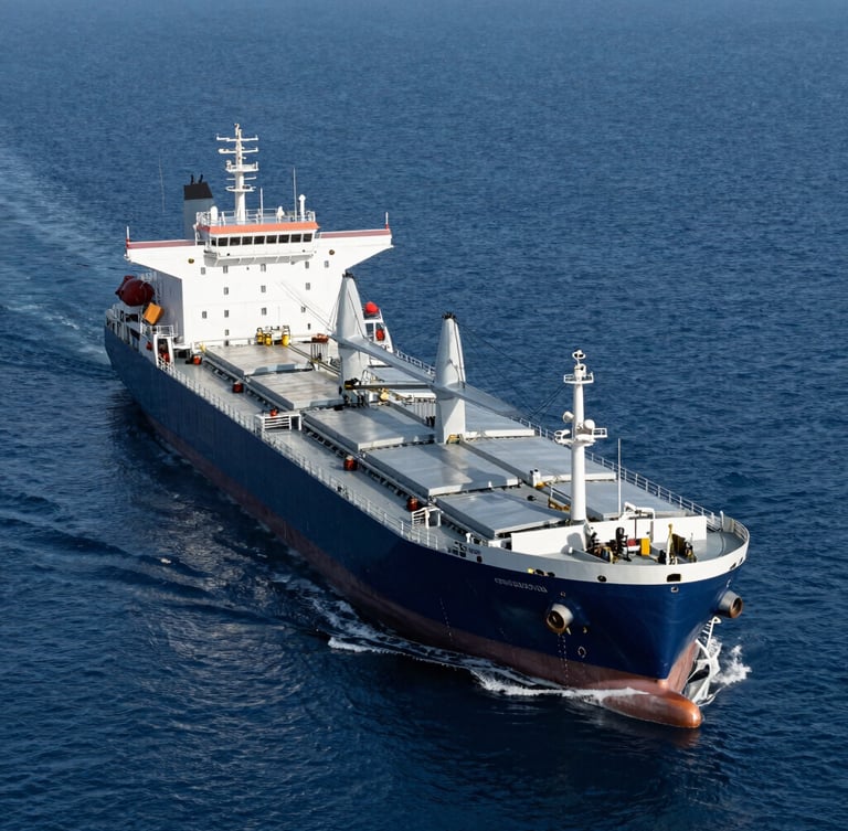 High-angle environmental shot of a deep-sea cargo ship navigating calm open water, crisp cool daylight, deep blue ocean, silver metallic highlights.