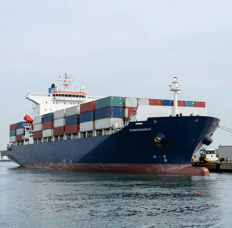 Wide-angle architectural perspective of a massive deep-sea container vessel docked at a modern Singapore port under cool overcast daylight, high-contrast silver highlights