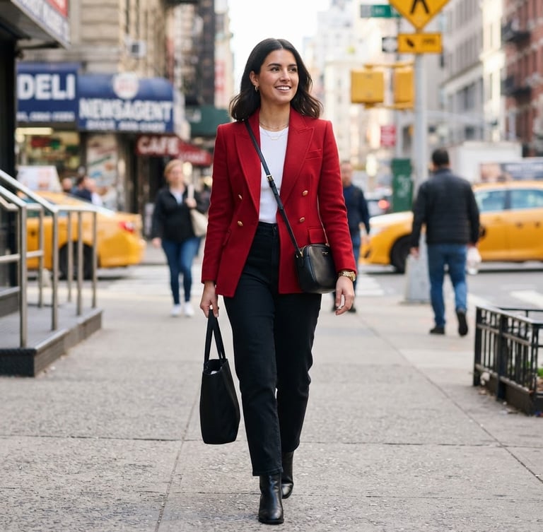 Editorial medium-shot of a woman styled in a structured crimson red blazer, urban New York background, bright natural daylight, crisp focus