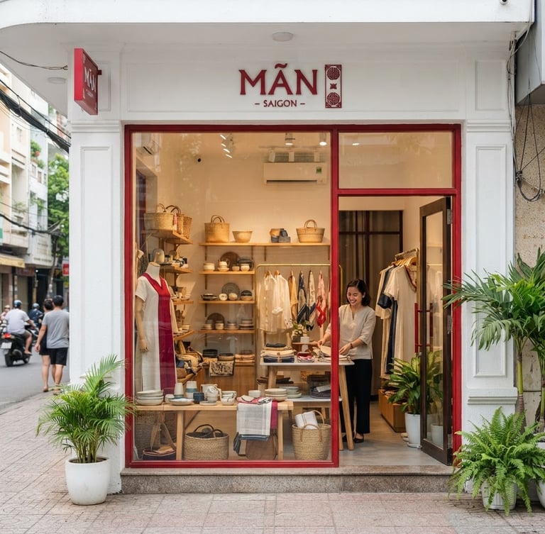 Editorial portrait of a bright boutique storefront in Ho Chi Minh City, crisp daylight illuminating clean white walls, crimson red accents, curated displays of handmade goods and premium fashion, sharp focus.