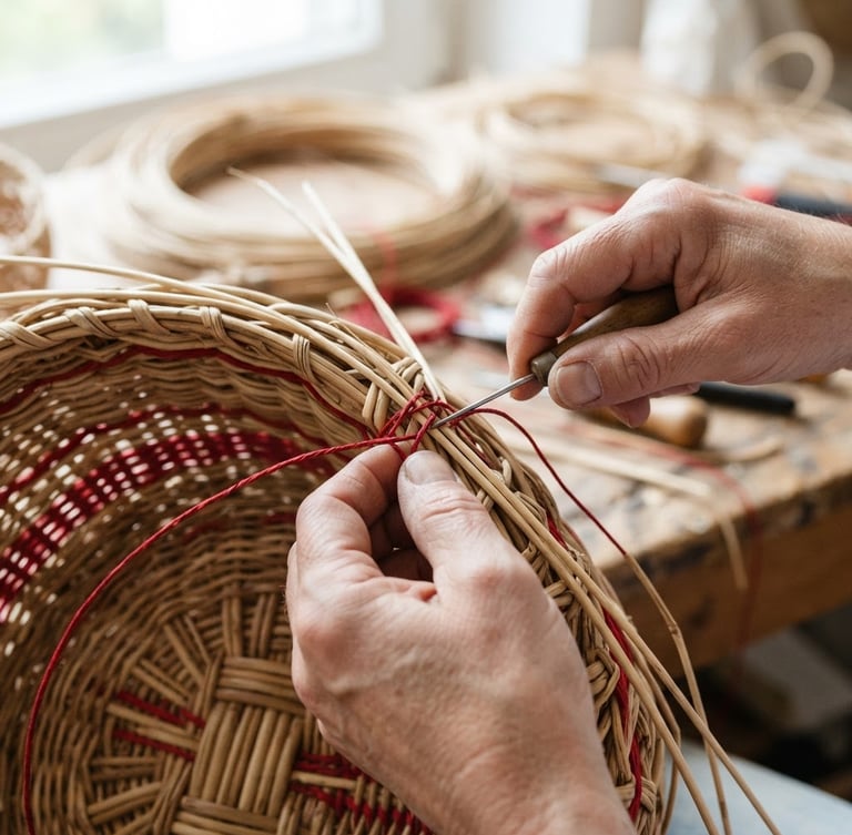 Close-up of hands weaving a natural rattan basket under bright natural daylight, crisp focus, red thread accents, professional studio lighting.