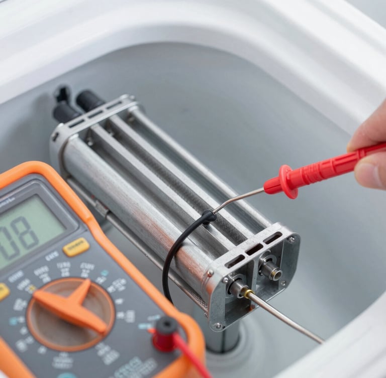 Macro shot of a digital multimeter testing a washing machine heating element, bright high-key utility lighting, cool metallic tones, safety orange accents, crisp details