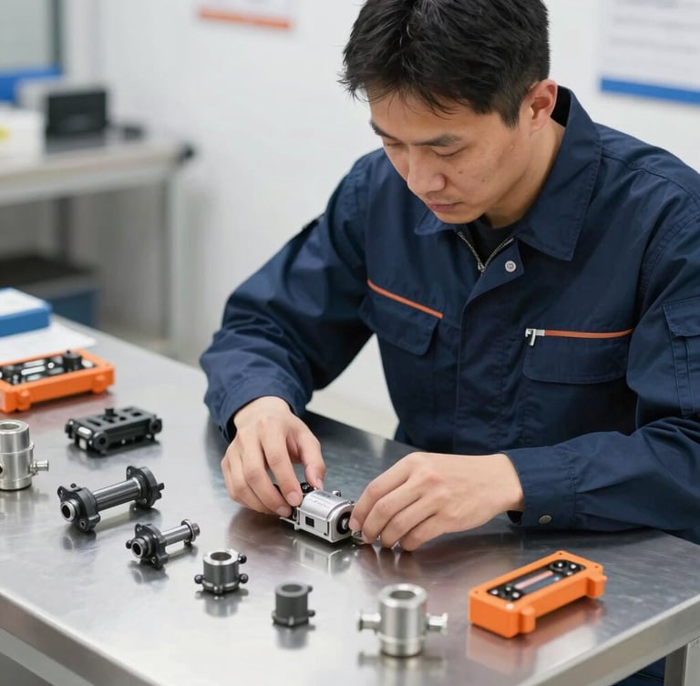 A professional technician in a clean navy uniform neatly organizing genuine OEM replacement parts on a bright metal work surface, high-key utility lighting