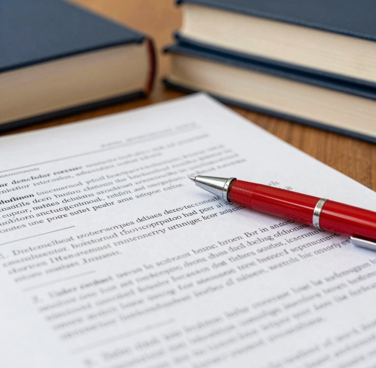 Close-up of peer-reviewed manuscript markups with a red pen, scholarly books in the background, warm library light