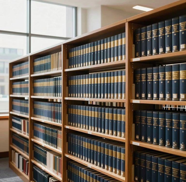Editorial photography of a modern university library archive, soft natural daylight streaming through high windows, rows of bound academic journals on wooden shelves, deep navy and gold tones, sharp focus, 35mm lens