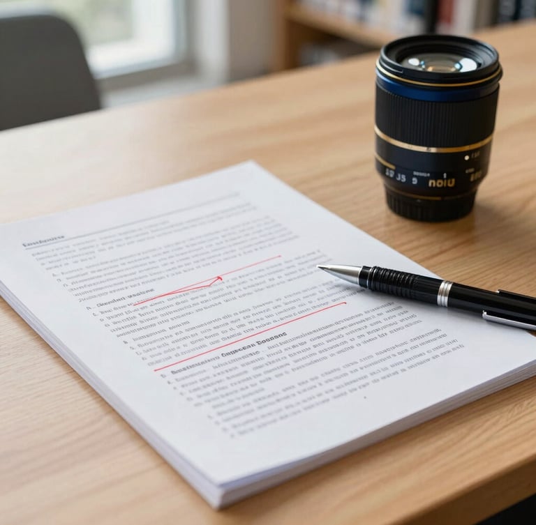 Editorial academic photography, close-up of a printed scientific manuscript with red pen markups on a clean wooden desk, bright natural library light, sharp focus, 35mm lens
