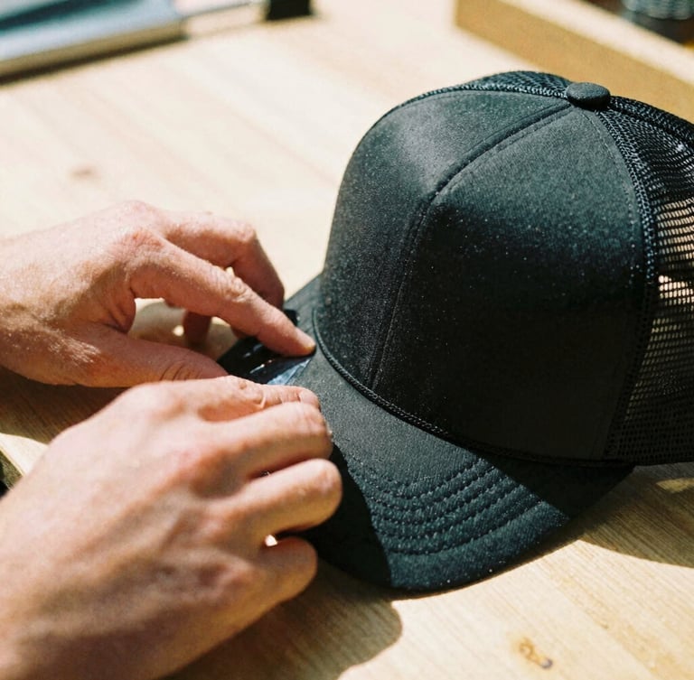 Close-up of hands pressing a DTF-transfer onto a black mesh trucker hat, warm direct sunlight, gritty film texture, wooden work bench background