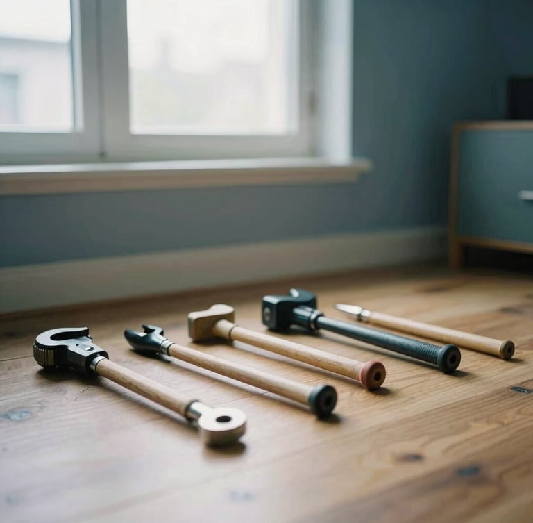 A modern apartment room with tools laid out neatly on a wooden floor, soft natural window light, muted blue tones, 35mm