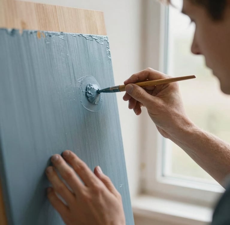 A close-up of a man's hands carefully painting a wood panel with slate blue paint, soft natural window light, muted tones, shallow depth of field, 35mm