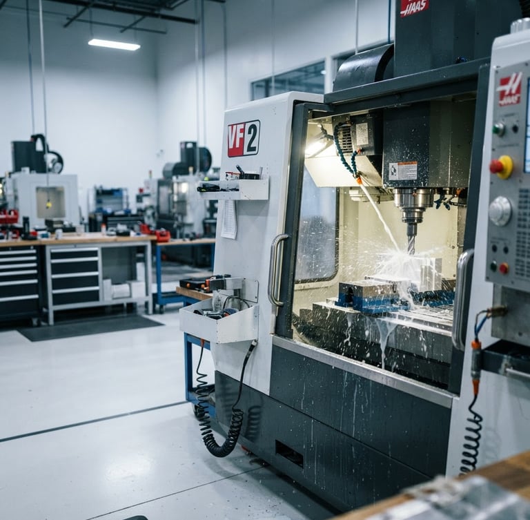 Wide shot of a Haas VF2 CNC machining center in action, coolant spray, cool industrial lighting, highlighting metallic textures and sharp edges, clean workshop floor, right third.