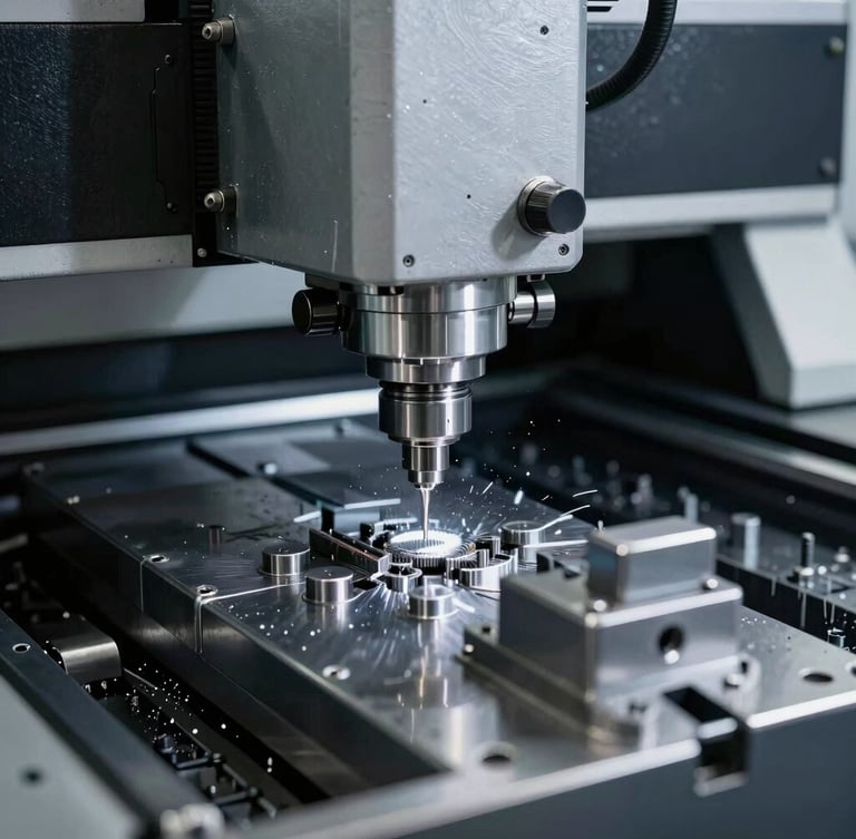 Primer plano de un centro de mecanizado CNC Haas VF2 en acción, con virutas de metal brillante y refrigerante, bajo una iluminación industrial nítida, enfoque macro en el cabezal de corte, tonos metálicos fríos.