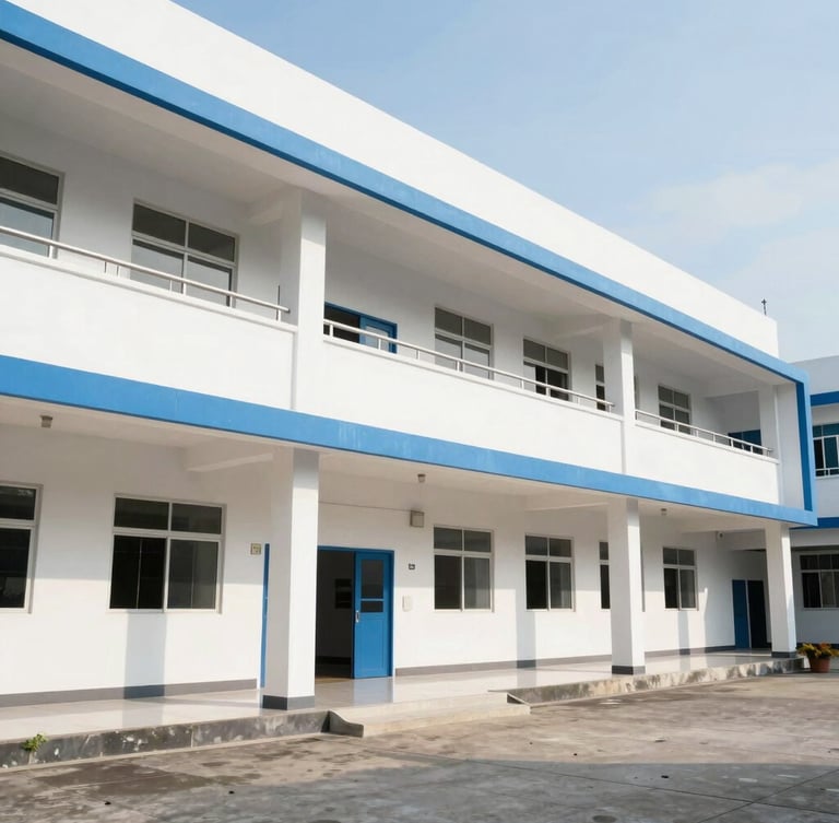 Bright editorial photography of the exterior of a modern Indonesian school building with clean white walls and blue accents, morning sun casting soft shadows, wide shot, 35mm lens
