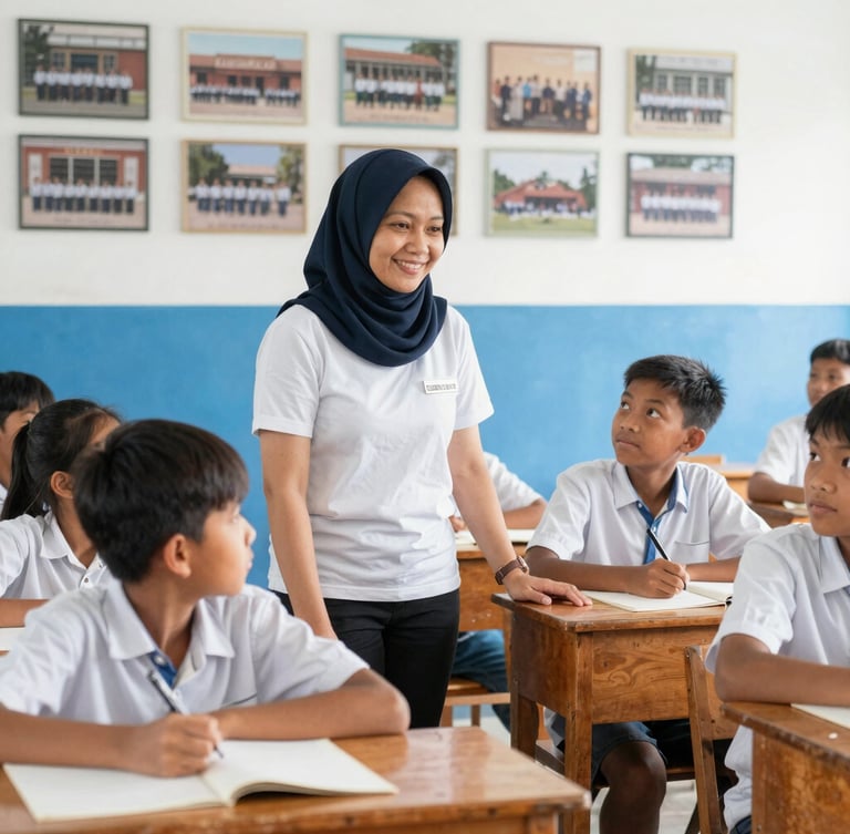 A warm, natural light portrait of an Indonesian teacher guiding students in a classroom with wooden desks, historical school photos visible on the back wall, 35mm lens