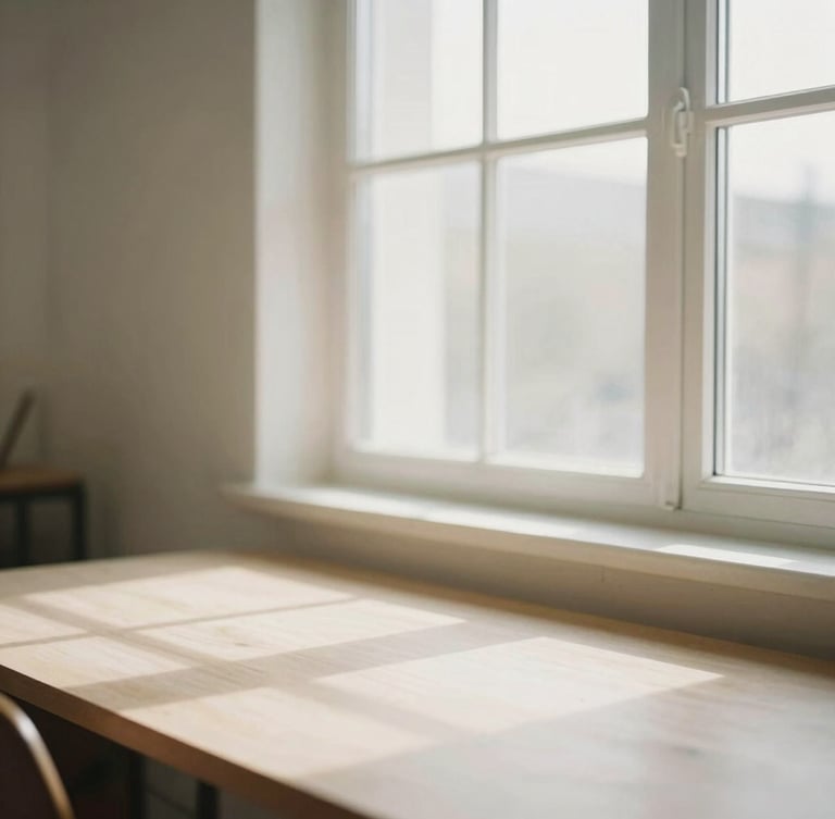 Warm editorial portrait of a clean, sunlit creative workspace, soft natural window light, muted neutral tones, minimalist aesthetic, shallow depth of field, 35mm
