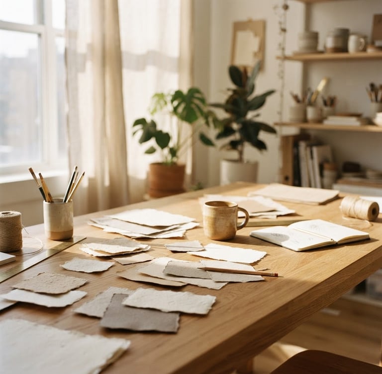 A sunlit, minimalist creative studio with natural oak furniture, tactile paper samples scattered on a table, soft shadows, warm editorial photography.