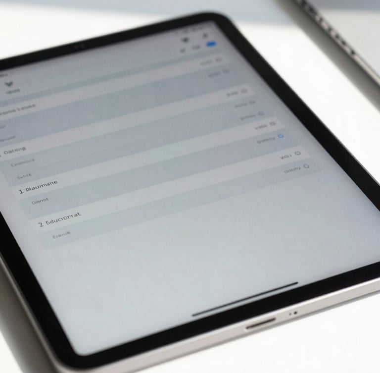 Extreme close-up of a sleek digital tablet displaying a clinical routing interface, crisp cool daylight, sharp shadows, sterile white background