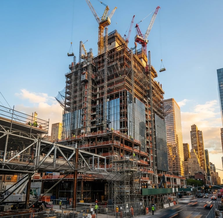 Wide shot of a modern high-rise building under construction at golden hour, with cranes and scaffolding, viewed from a slight low angle, bright architectural daylight.
