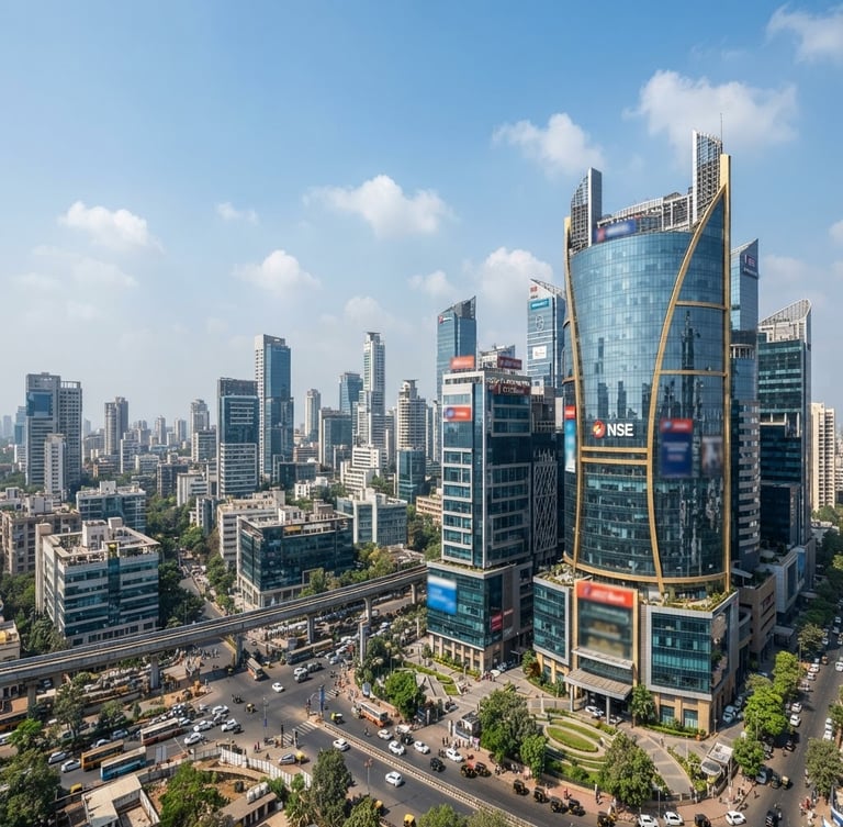Wide panoramic view of modern corporate buildings in a bustling Indian financial district, sharp focus, architectural depth of field, bright natural daylight, corporate navy and gold accents, with a clear sky, right third composition.