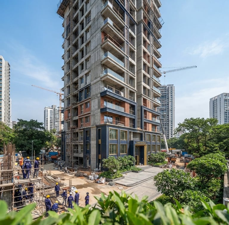 Modern Indian residential building under construction, bright daylight, architectural depth of field, focused on the structure with some green landscaping, corporate navy and gold accents