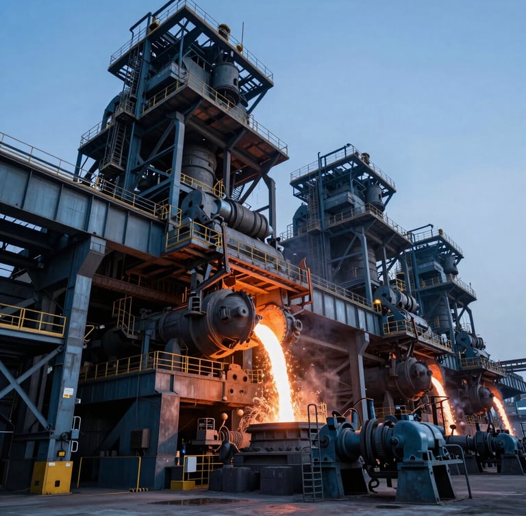 Dramatic industrial photography, high-contrast cool daylight, deep blue and slate tones, wide-angle lens, sharp details, massive steel mill interior with molten metal pouring, heavy machinery, low angle, industrial scale