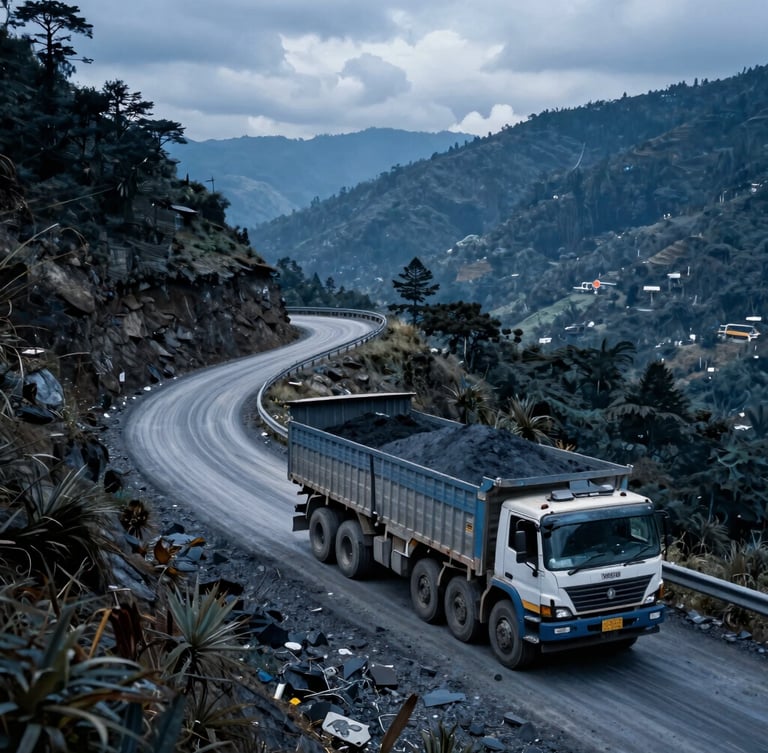 Wide-angle shot of a heavy transport truck loaded with minerals, navigating a winding mountain pass in Meghalaya, dramatic overcast daylight, deep blue and slate tones