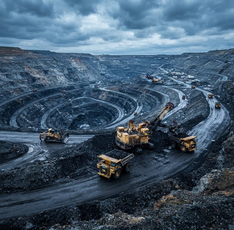 Wide panoramic shot of heavy machinery extracting coal from an open-pit mine, dramatic overcast daylight, high-contrast cool tones, deep blue and slate, sharp details.