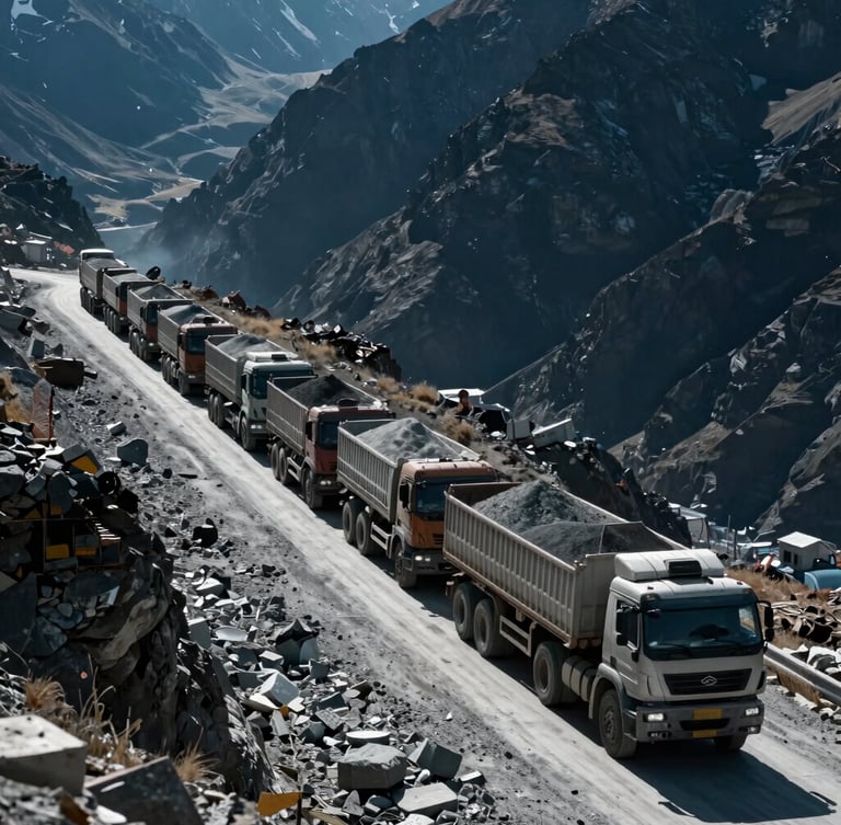 Wide-angle shot of a long convoy of heavy-duty trucks, laden with industrial minerals, moving through a rugged Himalayan mountain pass, high-contrast cool daylight, deep blue and slate tones, sharp details.