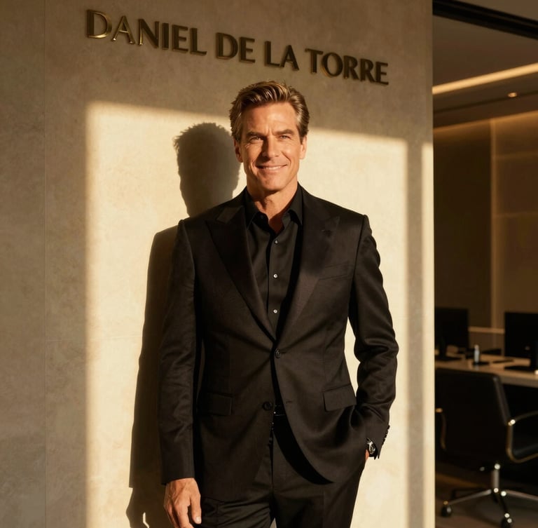 Editorial portrait of luxury lender Daniel De La Torre in a high-end Miami office, warm golden-hour light, sharp shadows, rich black and gold tones, 35mm architectural lens