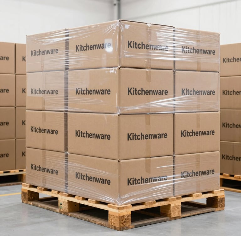 Bright commercial photograph of a stack of sturdy cardboard boxes labeled 'Kitchenware' on a wooden pallet, shrink-wrapped, in a clean warehouse aisle, high-key lighting, industrial B2B aesthetic, 50mm lens.