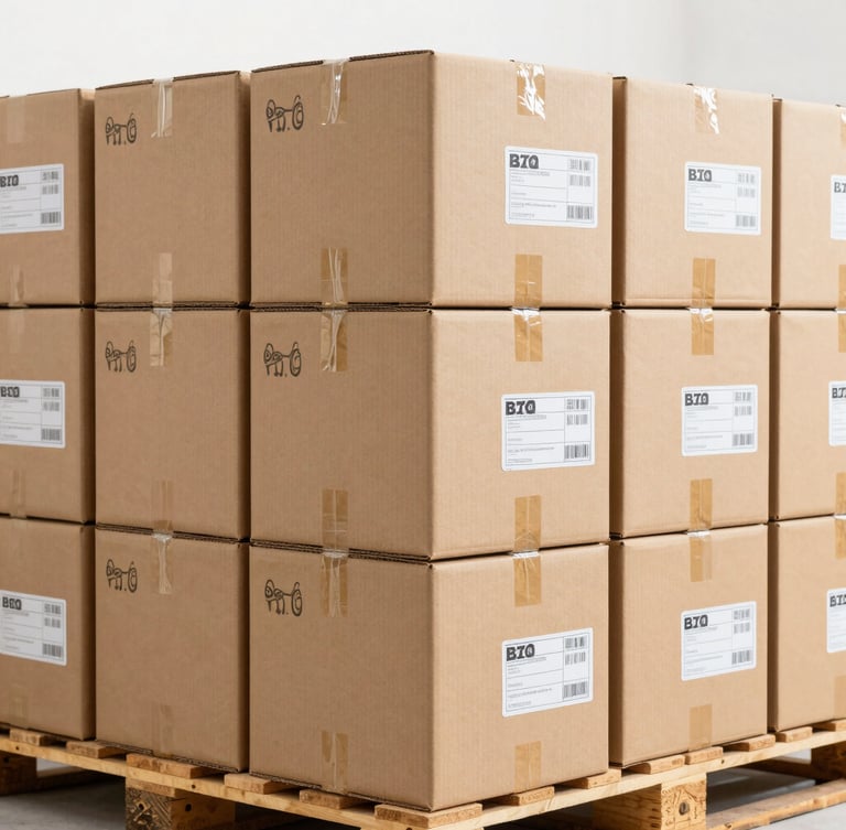 Close-up of neatly stacked cardboard shipping boxes, some with toy branding, on a pallet in a clean warehouse, clear shipping labels, bright commercial photography, high-contrast.