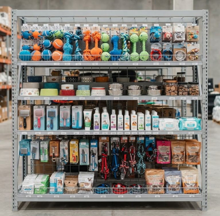Bright commercial photography of neatly organized pet toys, food bowls, and grooming accessories on a clean warehouse shelf, high-key lighting, neutral background, straight-on medium shot.