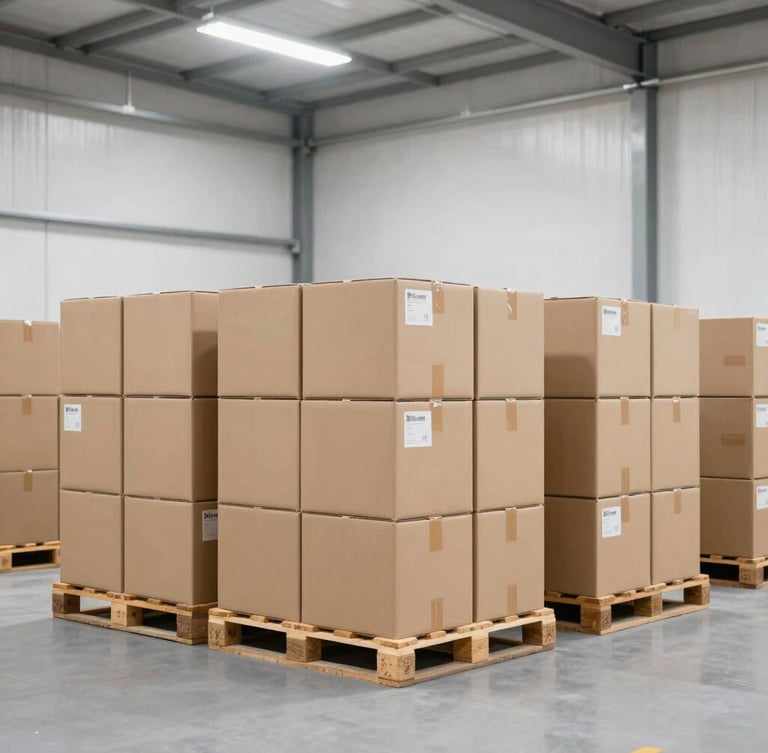Wide shot of a clean, organized UK warehouse interior with neatly stacked pallets of cardboard shipping boxes, bright overhead lighting, industrial B2B aesthetic.
