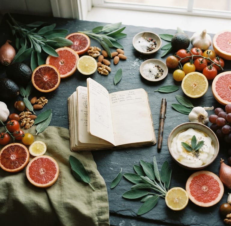 Overhead flat lay of fresh organic whole foods, deep green sage leaves, sliced citrus, and clinical journal on a clean slate counter, soft natural daylight, 35mm