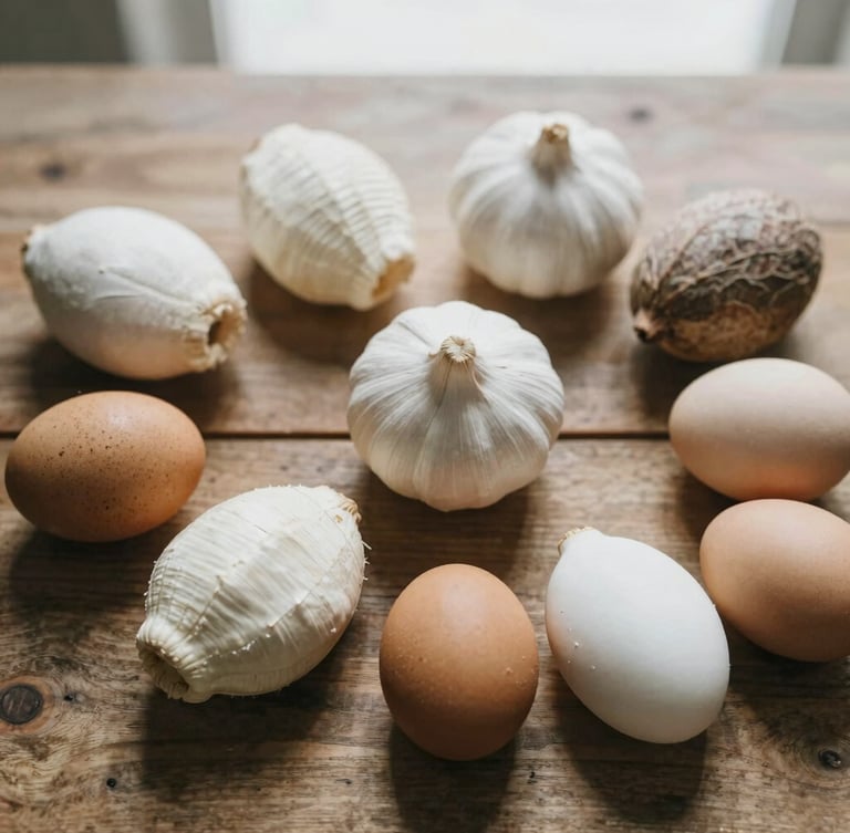 Overhead flat lay of fresh, whole ingredients on a rustic wooden table, soft natural overcast daylight, muted organic tones, 35mm.
