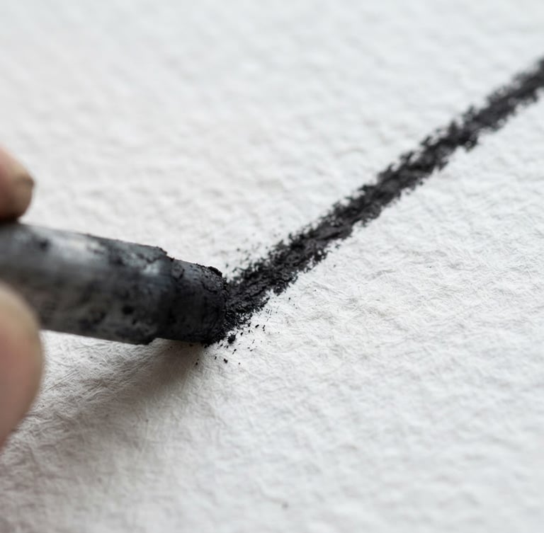 Macro photograph of a charcoal stick drawing a crisp, dark line on heavily textured white watercolor paper, bright natural studio daylight, sharp focus, high-detail texture
