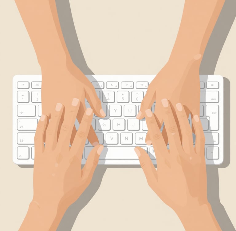 Top-down overhead shot of hands typing comfortably on a simplified, high-contrast physical keyboard, warm natural daylight, clean geometric lines